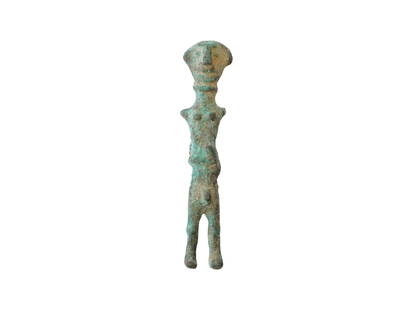 ANCIENT MESOPOTAMIAN BRONZE MALE FIGURINE 1200 BC: An ancient Mesopotamian bronze figurine of a standing male with a visible phallus. Circa 1200 BC. Bronze Wares For Home Decor, Room Accents And Collectibles. THIS LOT QUALIFIES FOR A 30-DAY UNC