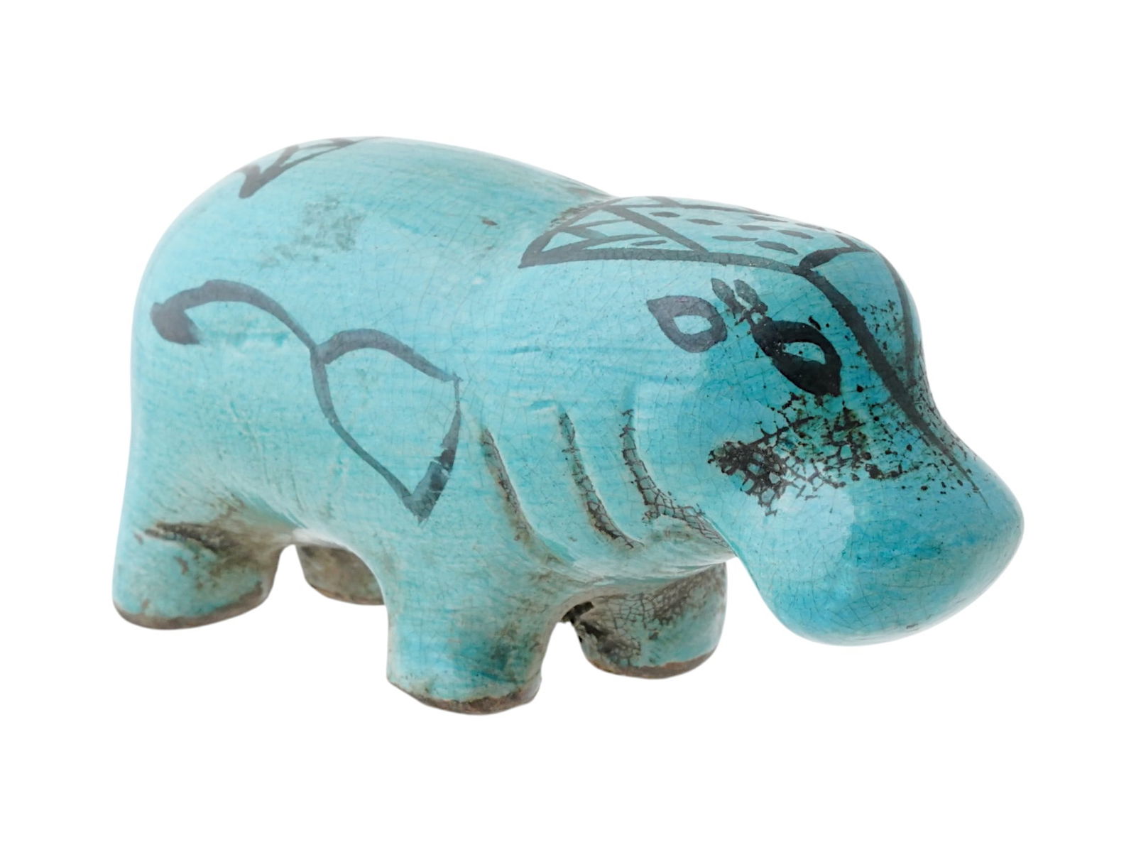 ANCIENT EGYPTIAN FAIENCE HIPPO FIGURINE 1570 TO 1342 BC: An ancient Egyptian 18th dynasty, blue glazed faience figurine in the shape of hippopotamus, a powerful symbol of rebirth and regeneration, primarily associated with the goddess Taweret. Circa 1570 to