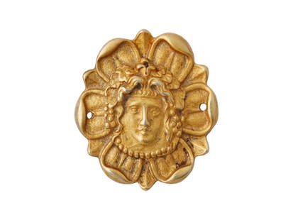 1900 AD ANCIENT ROMAN GOLDWASH OVER METAL MEDUSA HEAD: An ancient Roman gold wash over metal head fragment. Circa: 1900 AD. The ware depicts a portrait of Medusa Gorgon. Medusa, also called Gorgo or the Gorgon, was one of the three Gorgons. Medusa is gene