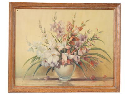 FLORAL STILL LIFE LITHOGRAPH AFTER GUSTAVE WIEGAND: An offset lithograph on paper depicting a still life with flowers after the original artwork by Gustave Wiegand, American, German, 1870 to 1957. Signed in the print, lower right. Marked with copyright