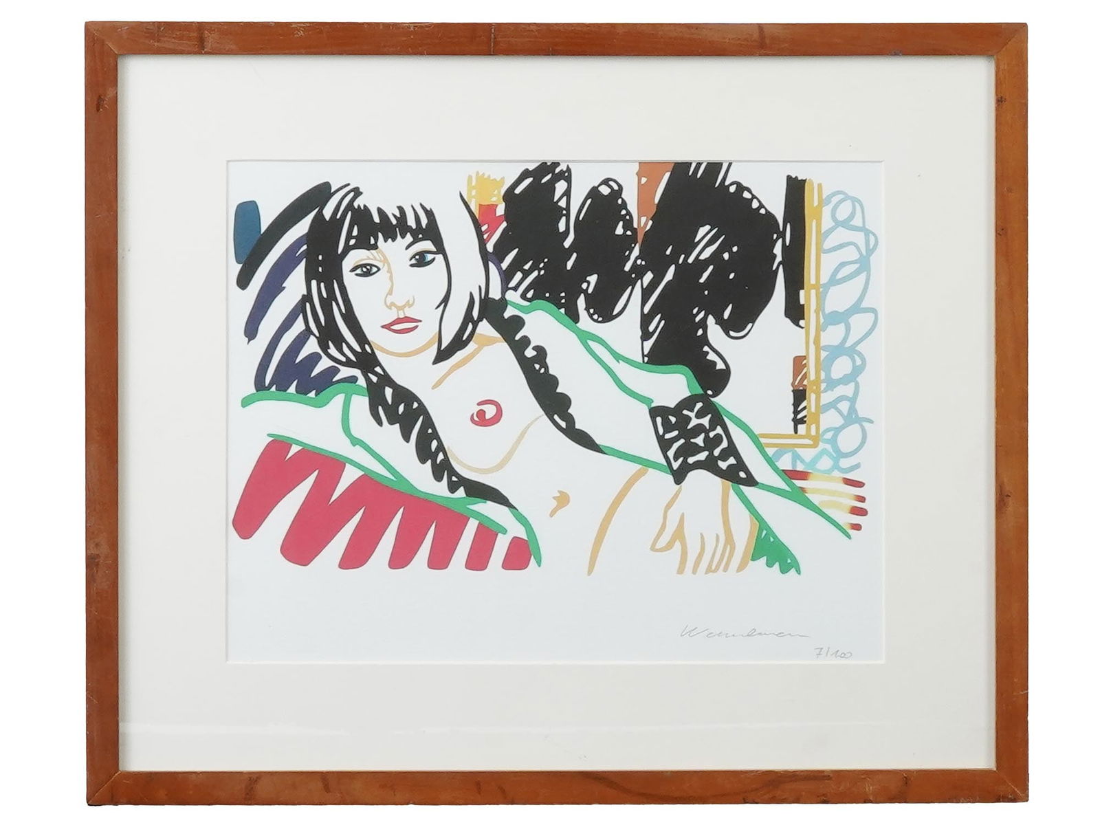 TOM WESSELMANN NUDE WOMAN SILKSCREEN SIGNED: Tom Wesselmann, American, 1931 to 2004, a limited edition silkscreen on paper, Monica in Robe with Motherwell. Circa: 1994. Signed and numbered in pencil, 7 of 100, lower right. Stamped, T. W. Fine Ar