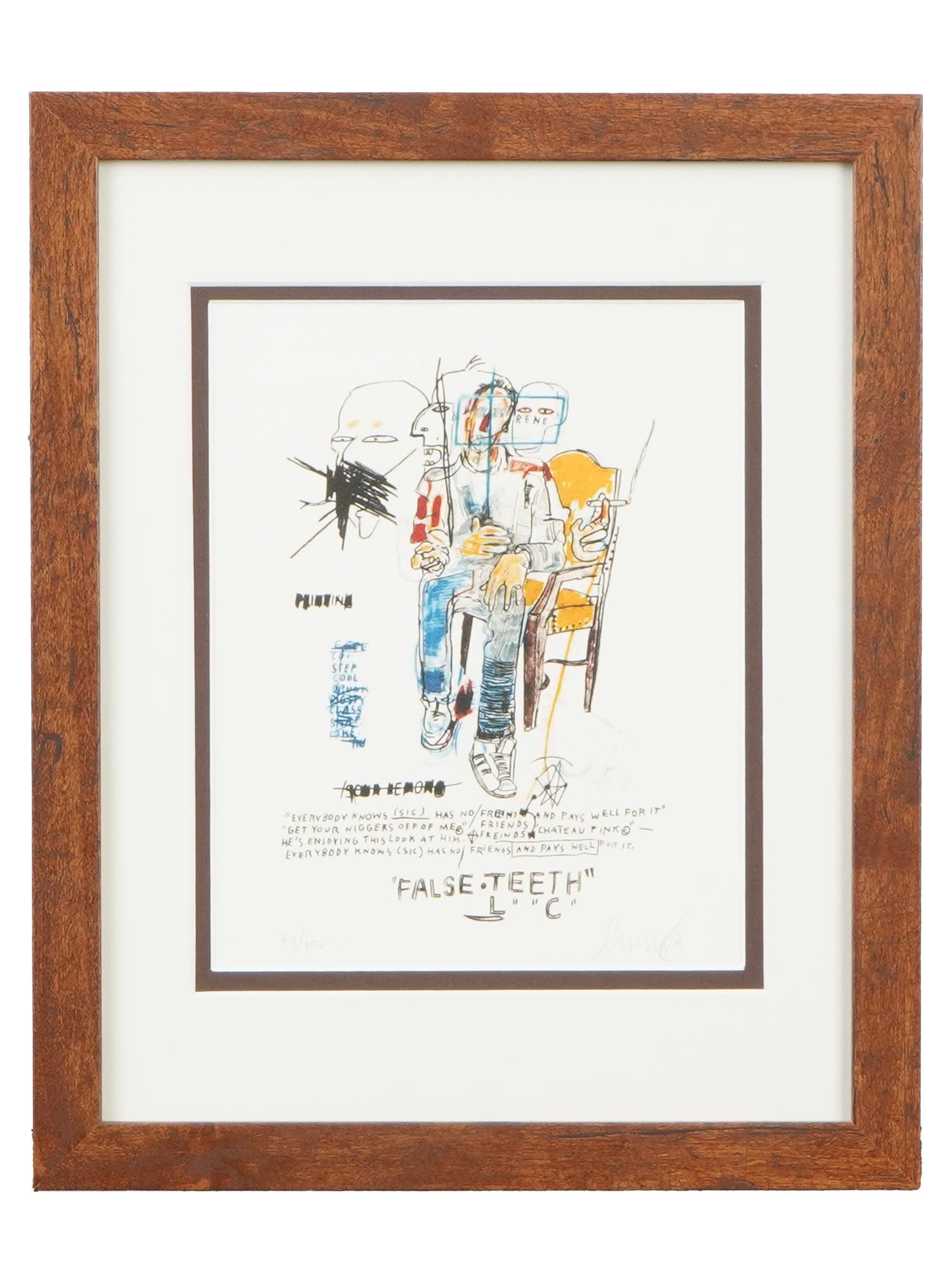 LITHOGRAPH PRINT SIGNED JEAN MICHEL BASQUIAT: A lithograph on paper signed Jean Michel Basquiat. Framed. Jean-Michel Basquiat, 1960 to 1988, an American street artist of Haitian descent, friend of Andy Warhol and Keith Haring. Depicts an abstract