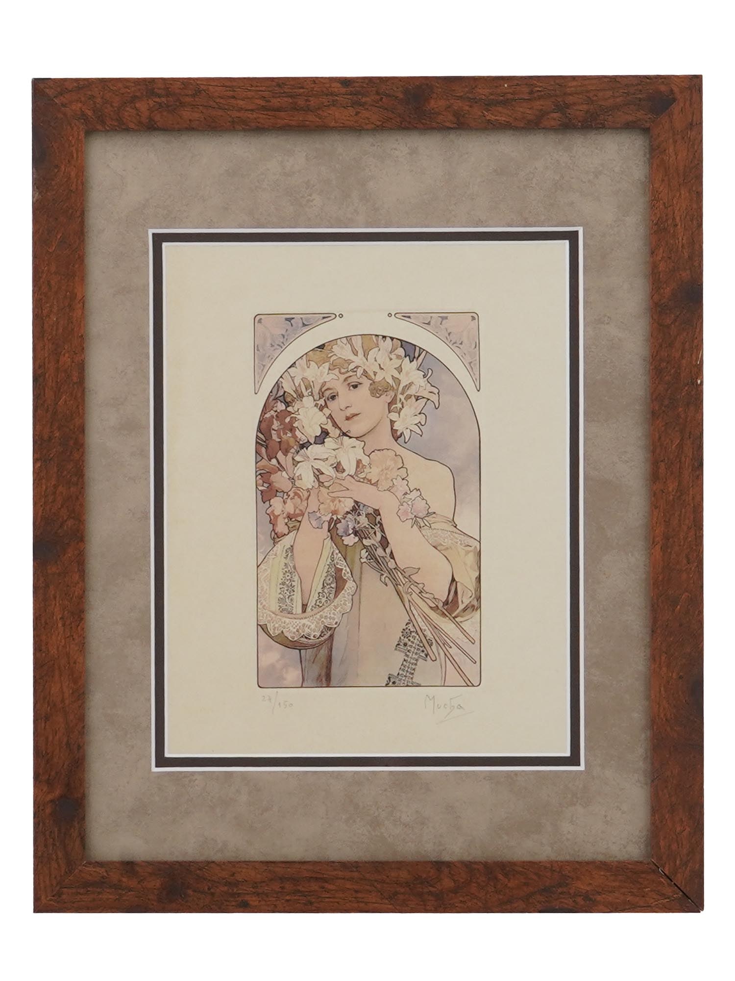 LTD PORTRAIT ETCHING AFTER ALPHONSE MUCHA SIGNED: A limited edition color etching on paper depicting an Art Nouveau female portrait after the original artwork, A Flower, by Alphonse Maria Mucha, Czech, French, 1860 to 1939. Inscribed in pencil, Mucha