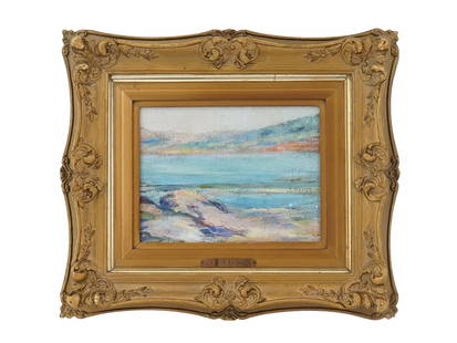 ATTR TO GUY ROSE AMERICAN SEASCAPE OIL PAINTING: Attributed to Guy Orlando Rose, American, French, 1867 to 1925, an oil painting on canvas depicting a coastal seascape. Framed. A gold tone plate with an engraved name of the artist, Guy Rose, on the
