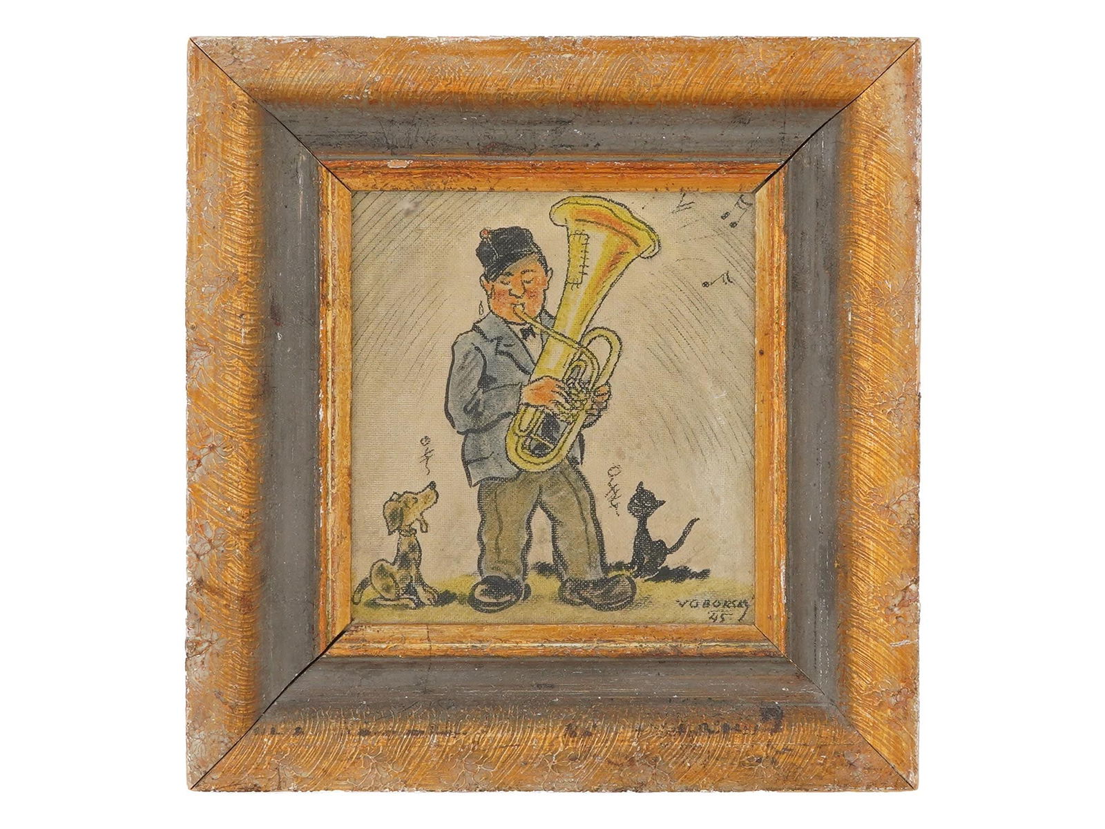 CZECH ILLUSTRATION OIL PAINTING BY FRANTISEK VOBORSKY: Frantisek Voborsky, Czech, 1906 to 1984, an oil painting on masonite board depicting a scene with a trumpeter and a singing dog and a cat, probably an illustration. Signed and dated 45, lower right. F