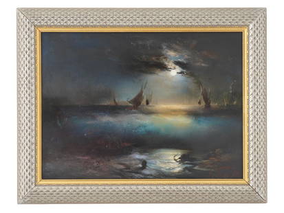 RUSSIAN SEASCAPE OIL PAINTING BY VLADIMIR ZEBEK: Vladimir Evgenievich Zebek, Russian, 1931 to 2015, an oil painting on board depicting a night seascape scene with ships. Signed lower right. Framed. Vladimir Evgenievich Zebek is a Soviet and Ukrainia