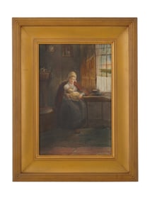 ANTIQUE LATE 19TH C WATERCOLOR GENRE PAINTING