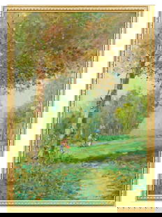 IMPRESSIONIST OIL LANDSCAPE PAINTING BY LEDNELL: An Impressionist oil on canvas landscape painting by Lednell. The painting depicts a summer forest landscape with two figures, a woman and a child, in the distance. The signature is illegible, presuma