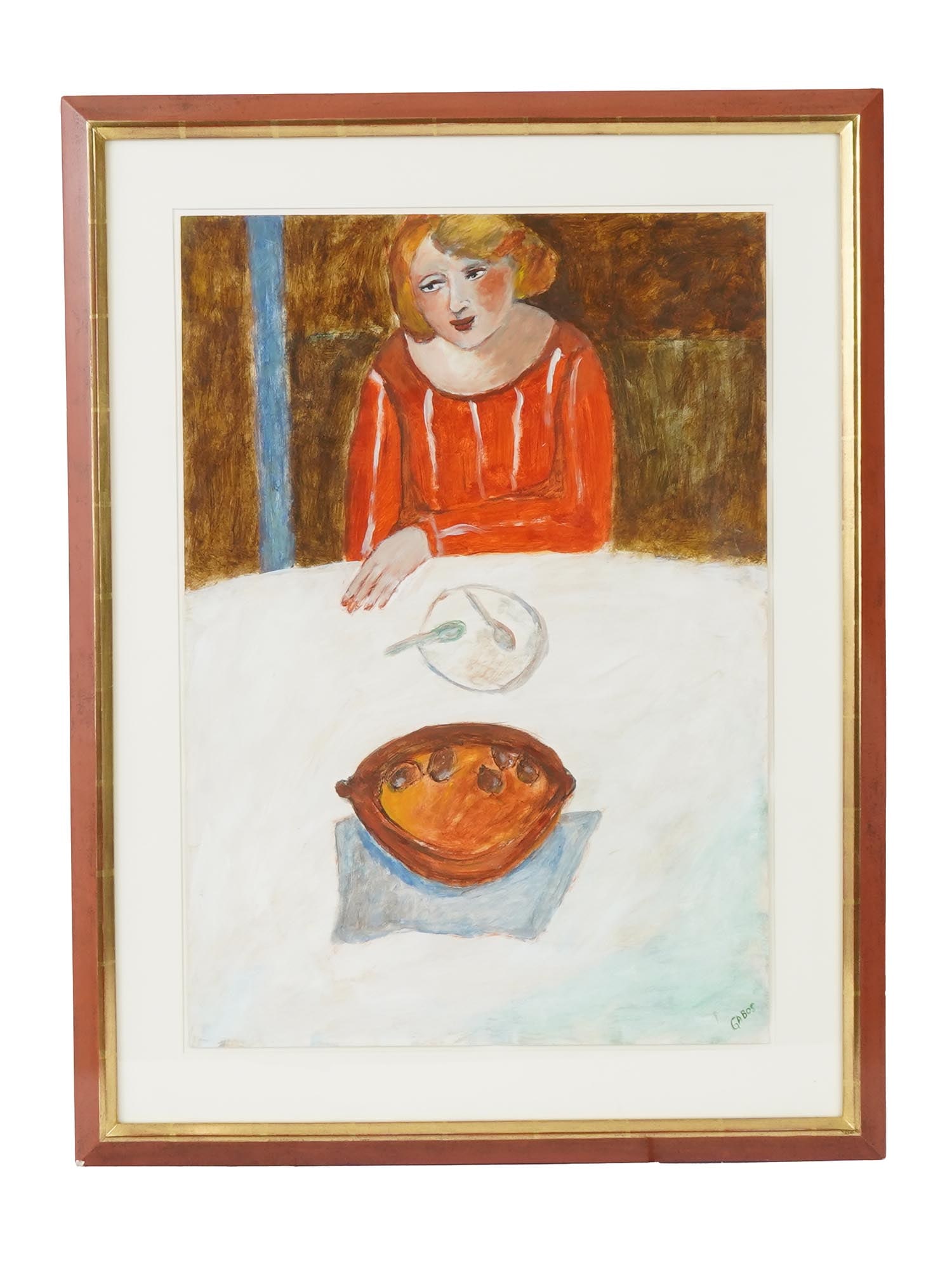MID CENTURY PAINTING DINA POLLAK GABOS WOMAN PORTRAIT: A mid-century painting on paper depicting a seated woman at a table. The work is signed and impressed with a mark lower right, Gabos, identifying it as by Croatian artist Dina Pollak Gabos. Presented 