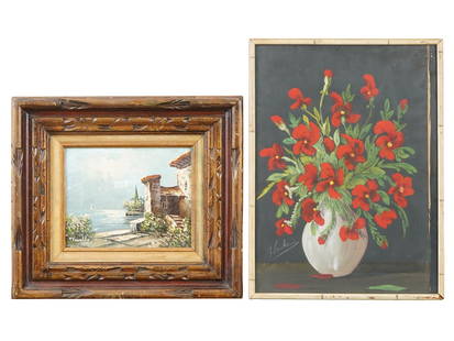 OIL MARINE SCENE AND WATERCOLOR STILL LIFE PAINTINGS: A lot of two vintage paintings, an oil on canvas and watercolor on paper. The first painting depicts a summer landscape with sailboats in the distance. Signed Daniello lower left, framed. The second p