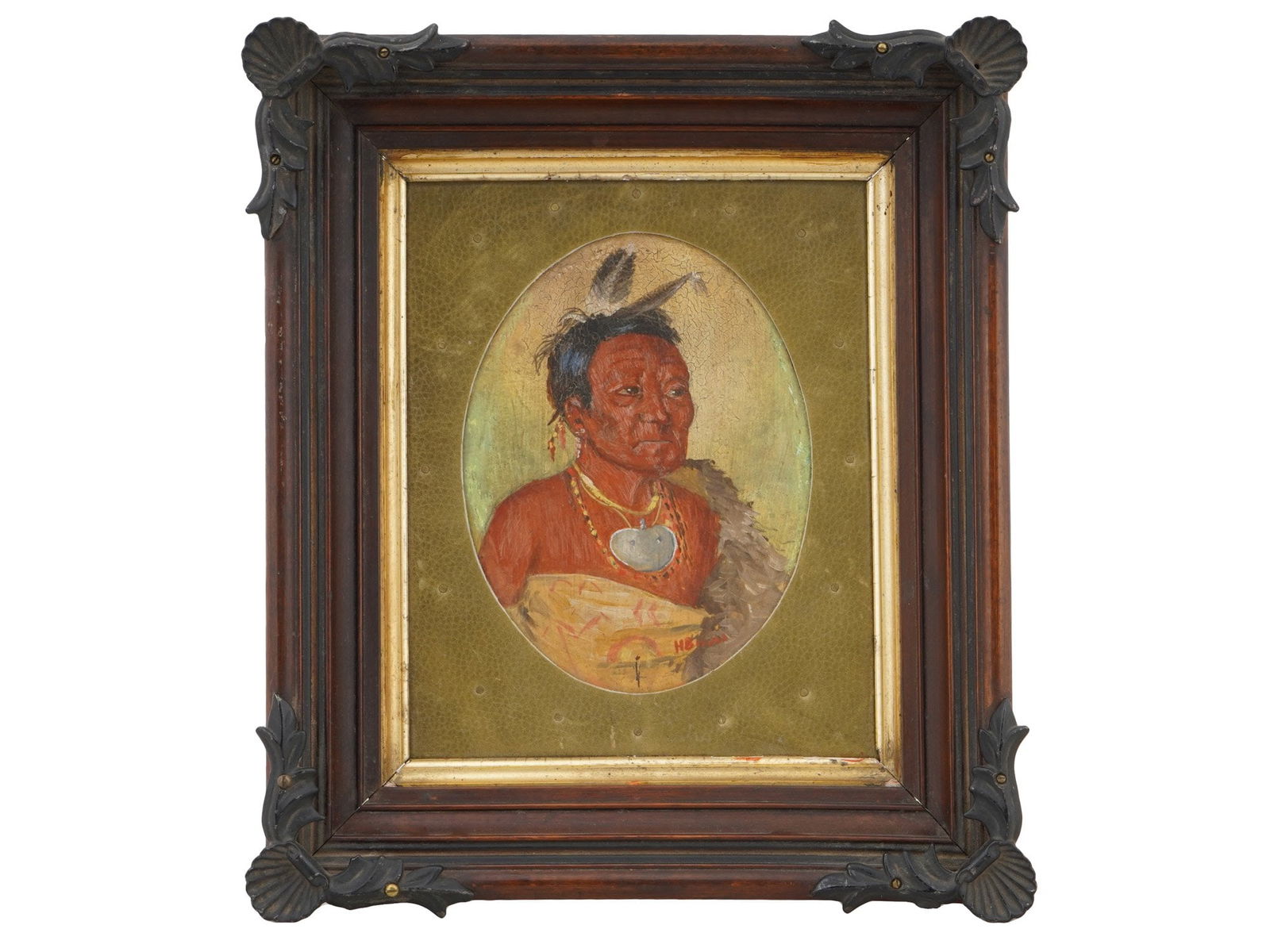 AFTER GEORGE CATLIN AMERICAN PORTRAIT OIL PAINTING: Oil on board painting. After the 1834 artwork titled Wee-ta-sha-ro, Head Chief of the Tribe by George Catlin, 1796 to 1872, an American traveler and artist who specialized in portraits of Indians in t
