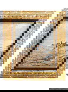 SEASCAPE SCENE OIL PAINTING SIGNED EUGENE BOUDIN: An oil painting on board depicting a coastal seascape scene. Signed, E. Boudin, lower left. Framed. Eugene Louis Boudin, French, 1824 to 1898, was one of the first French landscape painters to paint o