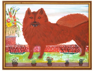 AMERICAN FOLK ART DOG ACRYLIC ON CANVAS PAINTING
