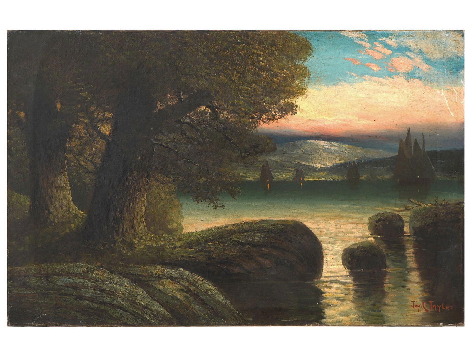 ANTIQUE AMERICAN PAINTING SIGNED JAY C. TAYLOR: An antique oil painting on canvas depicting a romantic night landscape with a huge tree in front. Signed Jay C. Taylor lower right. Jay C. Taylor was an American artist known for painting. Antique Ame