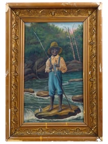 ANTIQUE AFRO AMERICAN SCHOOL FOLK OIL PAINTING SIGNED
