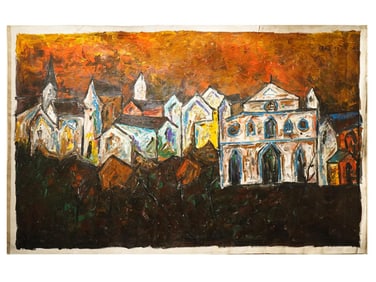 INDIAN CITY OIL PAINTING SIGNED SAYED HAIDER RAZA