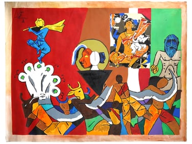 SIGNED MF HUSAIN INDIAN FEAST OIL PAINTING WITH COA