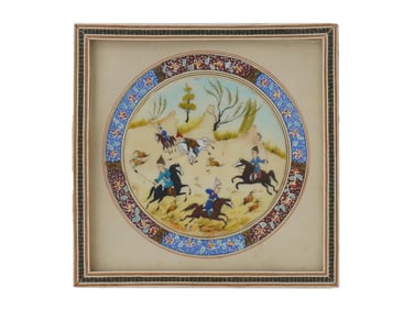 PERSIAN MINIATURE PAINTING WITH MARQUETRY FRAME