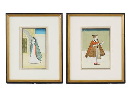 ANTIQUE INDIAN SCHOOL MINATURE PAINTINGS KING AND QUEEN: A pair of antique Indian School paintings depicting a young man and woman, traditionally interpreted as a king and queen. Executed with rich colors and delicate detailing. Presented together as comple