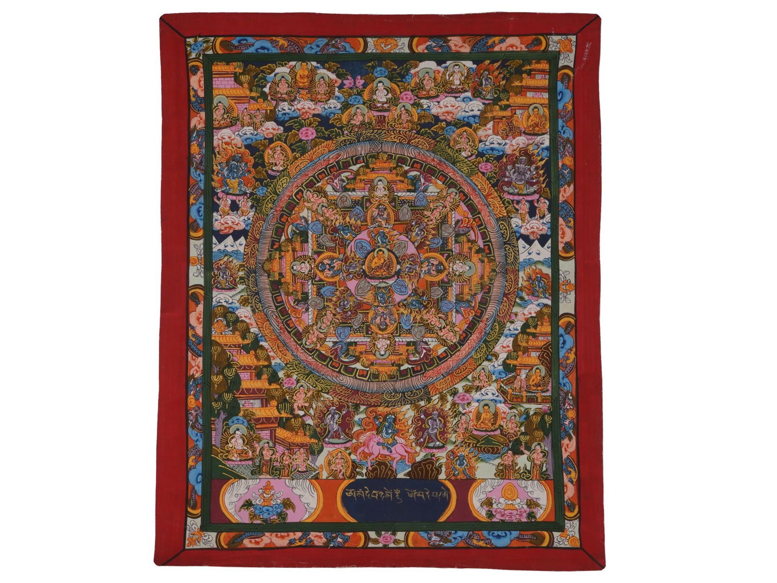 TIBETAN BUDDHIST THANGKA MANDALA PAINTING ON FABRIC: A Tibetan Buddhist Thangka polychrome painting on cotton. The thangka features a mandala, a symmetrical design in the tantric yoga of Buddhism and Hinduism, generally symbolizing the world, the univer