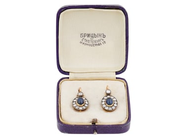 RUSSIAN 14K GOLD DIAMONDS AND SAPPHIRE EARRINGS