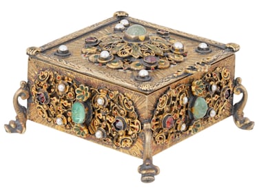 ANTIQUE GILT SILVER JEWELRY BOX RUBIES EMERALDS PEARLS