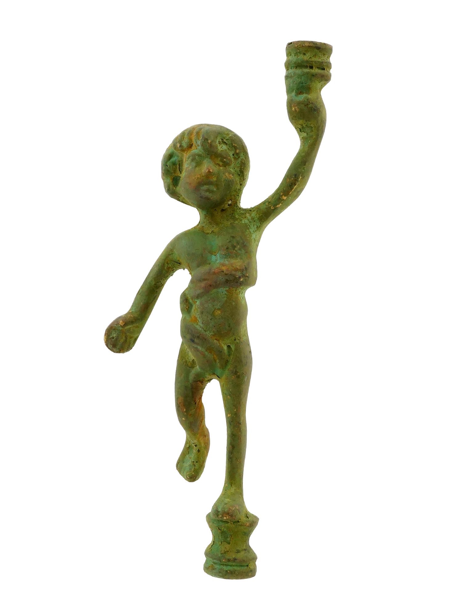 ANTIQUE BRONZE GRAND TOUR FIGURINE ATHLETE WITH TORCH: An antique bronze Grand Tour figurine depicting an athlete holding a torch in his left hand, posed dynamically while standing on his left leg. Reflects the classical style and craftsmanship associated