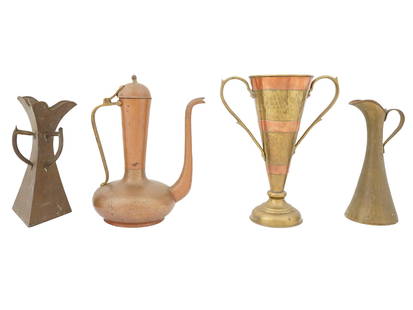 IMPERIAL RUSSIAN COPPER AND BRASS PITCHERS AND VASES: A lot of Imperial Russian metalwork. A total of 4 items, 2 pitchers, a coffee pot, and a trophy cup vase. Made of copper and brass. Each but one item is marked with the Imperial Eagle on the bottom. C