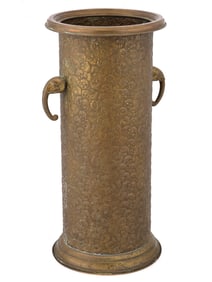 ANTIQUE BRASS UMBRELLA STAND W ELEPHANT HEAD HANDLES