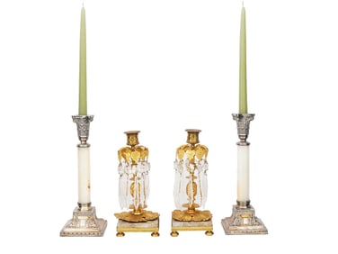 LOT OF GLASS SILVER PLATED AND BRONZE CANDLE HOLDERS