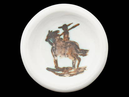 1952 CERAMIC ASHTRAY PICADOR BY PABLO PICASSO: Pablo Picasso, Spanish, 1881 to 1973, a white earthenware ceramic ashtray with black oxide and white glaze, Picador, marked Edition Picasso on verso. Conceived in 1952, this work exemplifies Picassos