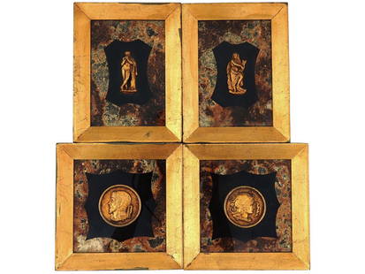 LOT OF GRECO ROMAN MANNER GILT BAS RELIEF PIECES: A lot of four Greco Roman manner gilt metal bas relief pieces. The wares represent two figures in the Neoclassical manner and a pair of coin shaped male portraits in profile. All are framed. Antique a