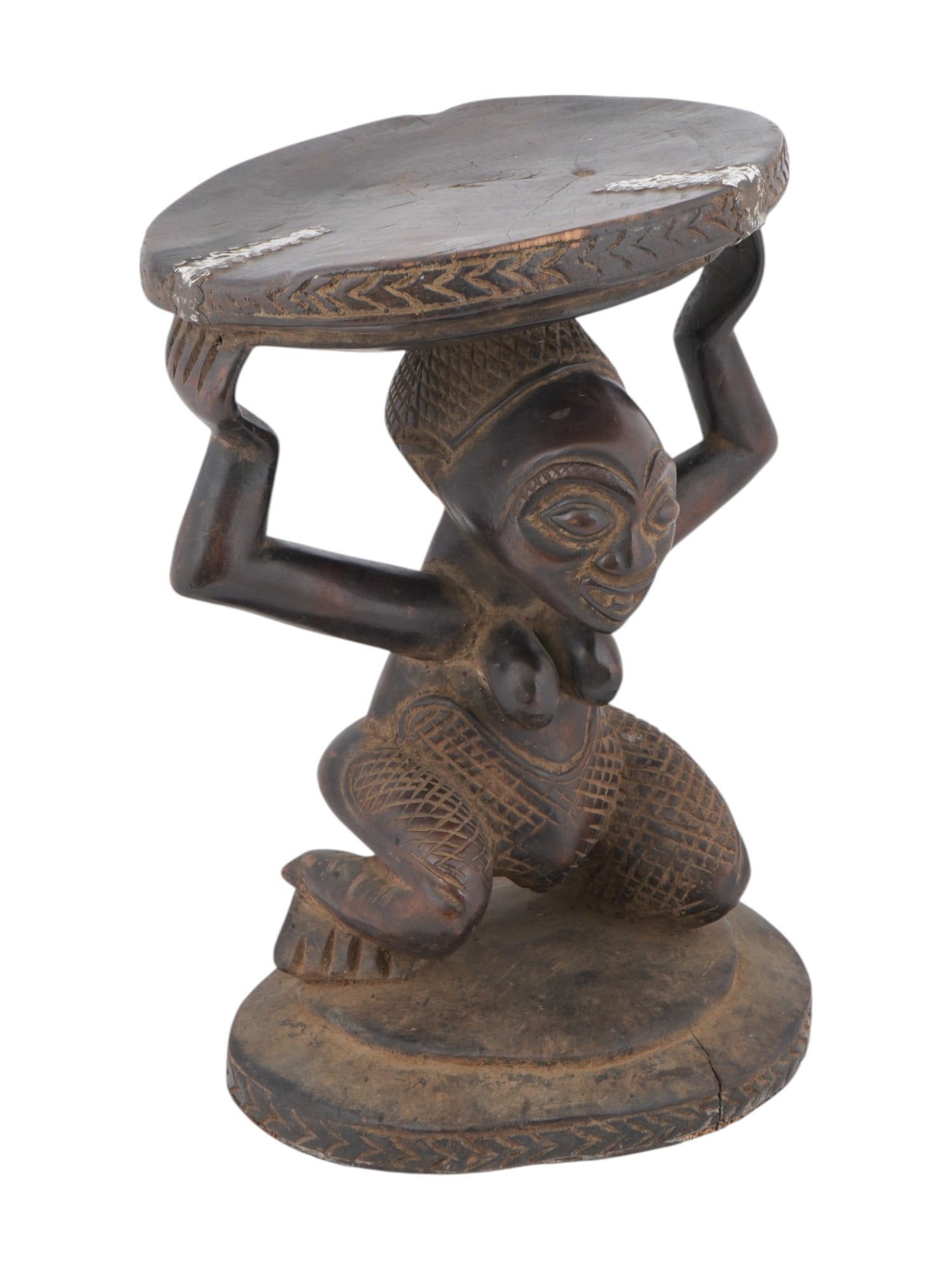AFRICAN CONGO LUBA PEOPLE WOODEN CEREMONIAL STOOL: African hand carved wooden ceremonial stool of the Luba people of Congo. The stool has a smooth, sloping surface on top, supported by a sculpted female figure. The figure is depicted half nude, raisin