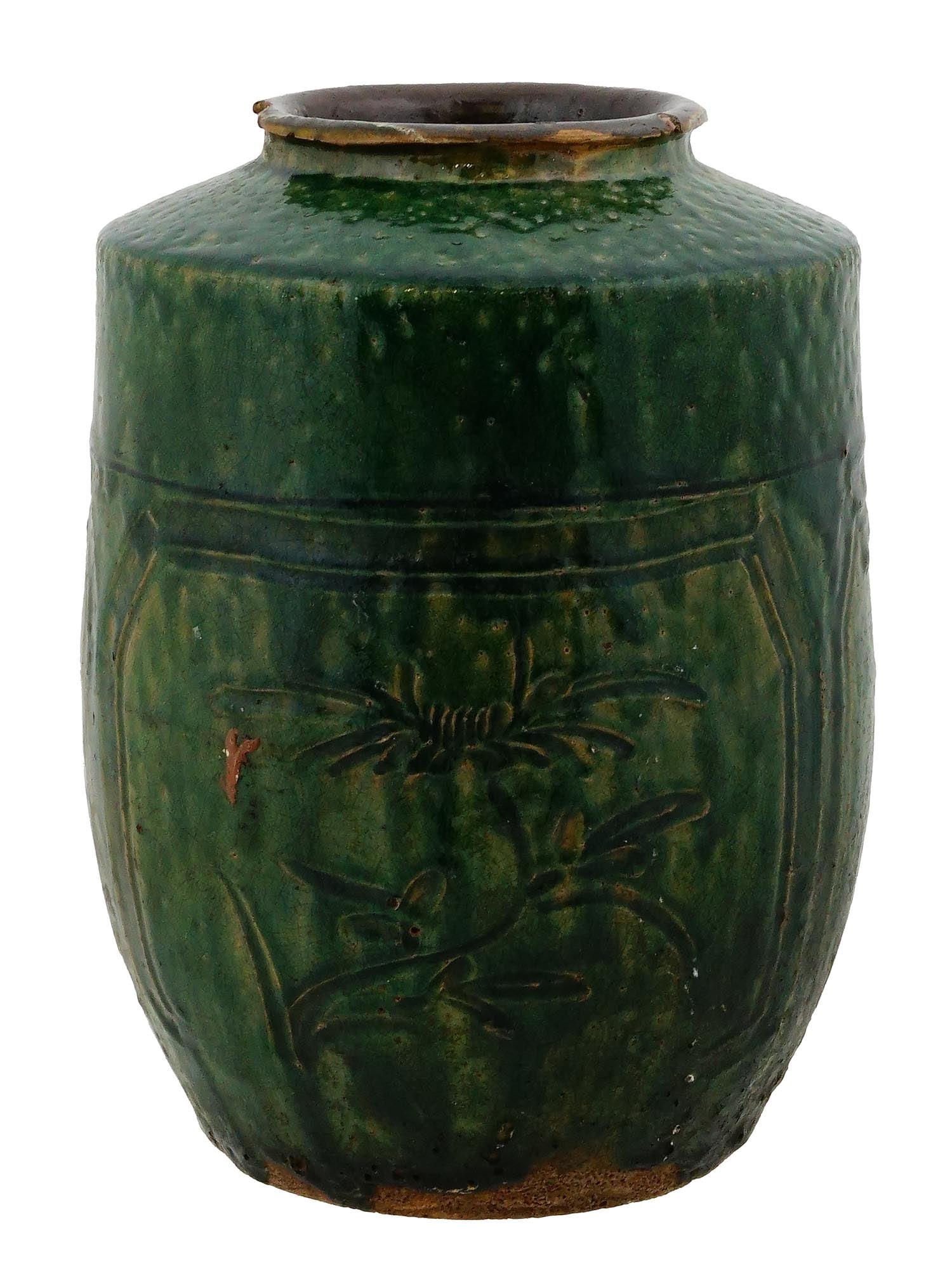 ANTIQUE ISLAMIC QAJAR DYNASTY GREEN GLAZED CLAY JAR: An antique Islamic Qajar dynasty clay jar, 1789 to 1830s. The jar is cylindrical with a slightly narrower neck and an earthy brown rim and base. The jar has a vibrant green glaze and a relief floral i