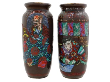 PAIR OF ANTIQUE JAPANESE SUMIDA GAWA POTTERY VASES