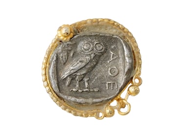 ANCIENT GREEK SILVER TETRADRACHM COIN IN VERMEIL MOUNT