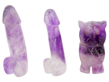 LOT OF THREE HAND CARVED AMETHYST STONE FIGURINES