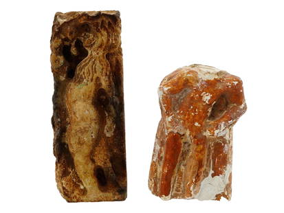TWO ANCIENT ROMAN HAND CARVED LIMESTONE SCULPTURES: A lot of two ancient Roman hand carved limestone sculptures. Featuring fragments of an architectural sculpture representing figures. Historical Collecitbles And Archaeological Relics. THIS LOT