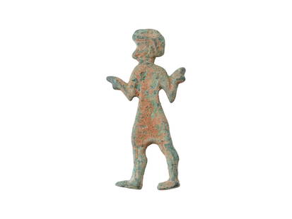 ANCIENT MESOPOTAMIAN BRONZE STANDING FIGURE 1200 BC: An ancient Mesopotamian bronze standing figure. Circa 1200 BC. Historical Collectibles And Archaeological Relics, Idols, Sculpture, Metalwork. THIS LOT QUALIFIES FOR A 30-DAY UNCONDITIONAL RETU