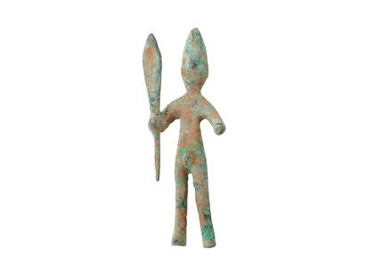 ANCIENT SYRIAN BRONZE FIGURE HOLDING SPEAR 1000 BC: An ancient Syrian bronze figure with a pointed head and visible phallus holding a spear. Circa 1000 BC. Historical Collectibles, Archaeological Relics, Figurines For Collectors. THIS LOT QUALIF