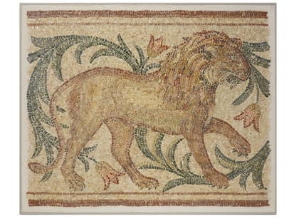 ANCIENT ROMAN MOSAIC W IMAGE OF A LION 100 TO 300 AD: An ancient Roman mosaic artwork composed of tesserae pieces. Circa 100 to 300 AD. The piece depicts a lion and a foliage ornament. This artifact captures the fluid motion and intricate details of the