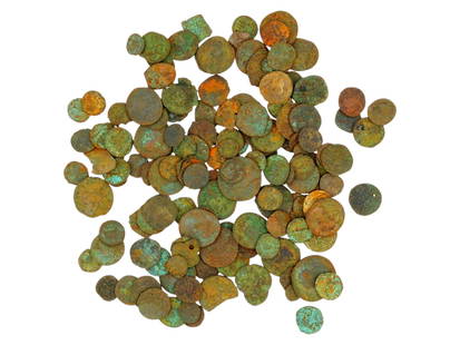 COLLECTION OF ASSORTED ANCIENT BYZANTINE EMPIRE COINS: A collection of assorted ancient Byzantine Empire coins in various sizes. Featuring a diverse array of designs. Museum Pieces, Ancient and Antique Coins And Numismatic Collectibles. THIS LOT QU