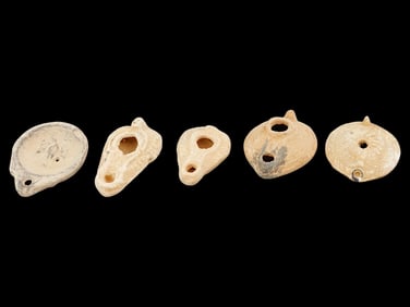 GROUP OF FIVE ANCIENT ROMAN TERRACOTTA CLAY OIL LAMPS