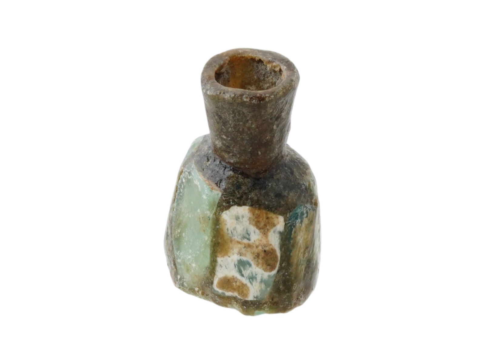 ANCIENT ROMAN EMPIRE GLASS BOTTLE: An Ancient Roman glass bottle. Imperial Rome era, ca. 100 AD. Intended for perfume or oils. Collectible Archaeological Finds And Relics, Roman Glassware. THIS LOT QUALIFIES FOR A 30-DAY UNCONDI