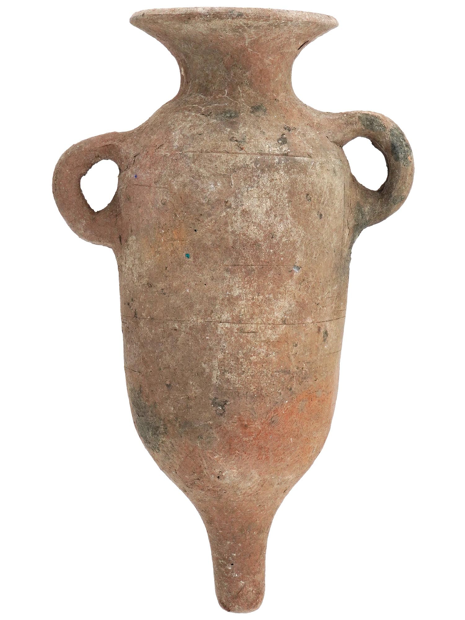ANCIENT ROMAN TERRACOTTA WINE AMPHORA 100 TO 300 AD: An ancient Roman terracotta amphora vase for wine storage. Circa 100 to 300 AD. Features a ponted bottom, flared lip and two small handles on either side. Historical Collectibles, Archaeological Relic