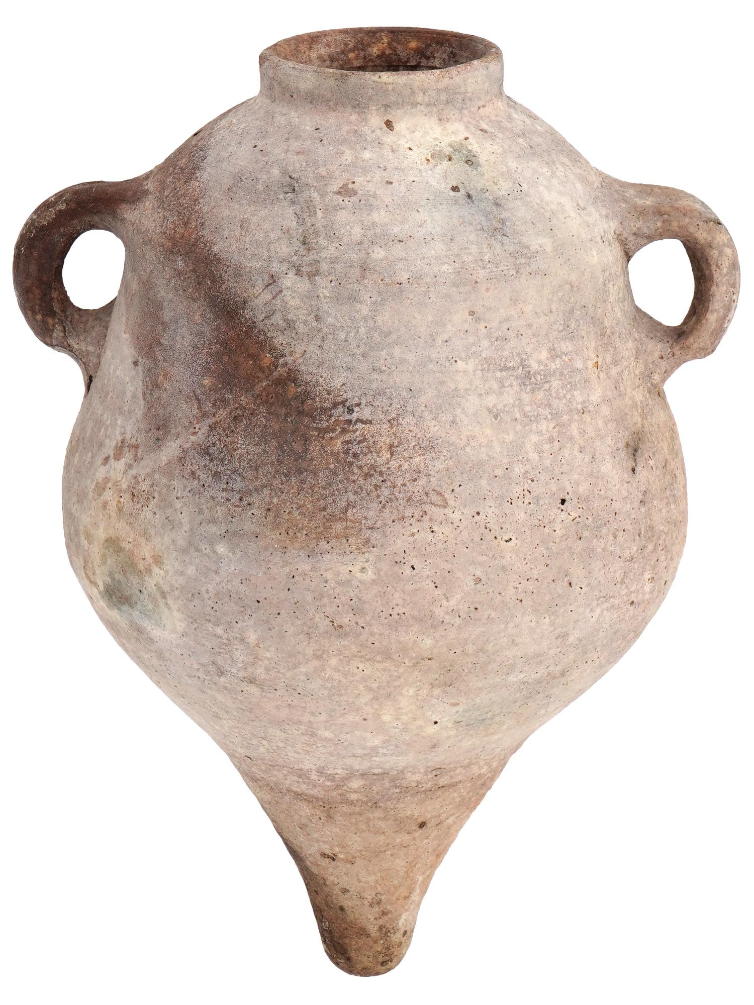 ANCIENT ROMAN TERRACOTTA WINE AMPHORA 100 TO 300 AD: An ancient Roman terracotta amphora vase for wine storage. Circa 100 to 300 AD. Features a ponted bottom, flared lip and two small handles on either side. Historical Collectibles, Archaeological Relic