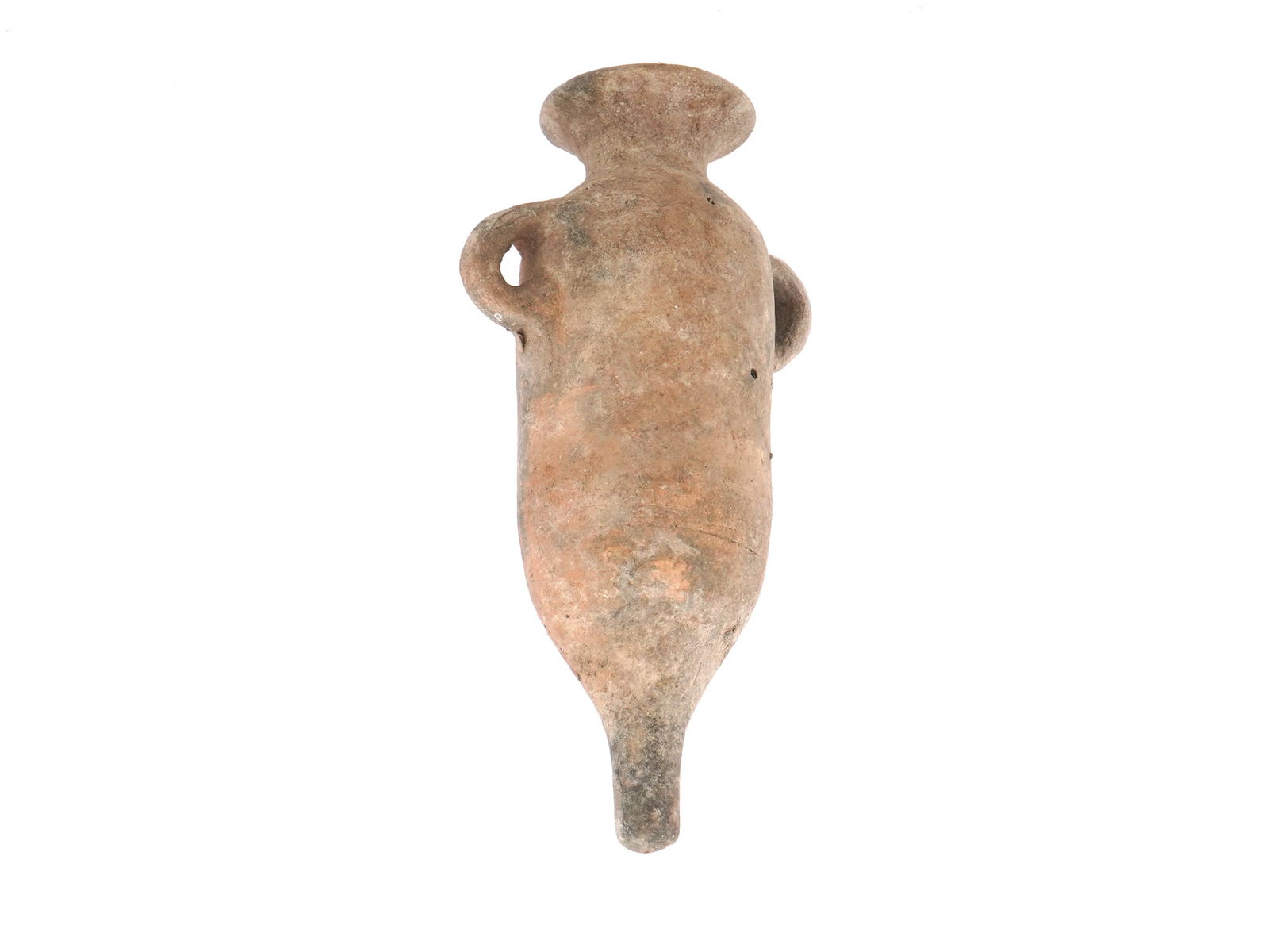 ANCIENT HELLENISTIC PERIOD TERRACOTTA WINE AMPHORA: An ancient terracotta wine amphora dating to the Hellenistic period, circa 200 BC. This vessel features a classic elongated form with a narrow neck and flared rim, characteristic of amphorae used for