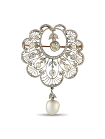 EXCLUSIVE ANTIQUE PLATINUM 18K GOLD DIAMOND PEARL BROOCH