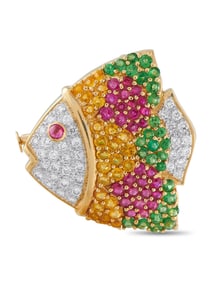 18K GOLD DIAMONDS TSAVORITE RUBY AND SAPPHIRE FISH BROOCH