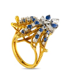 18K YELLOW GOLD DIAMONDS AND SAPPHIRE FLEUR DE LIS RING